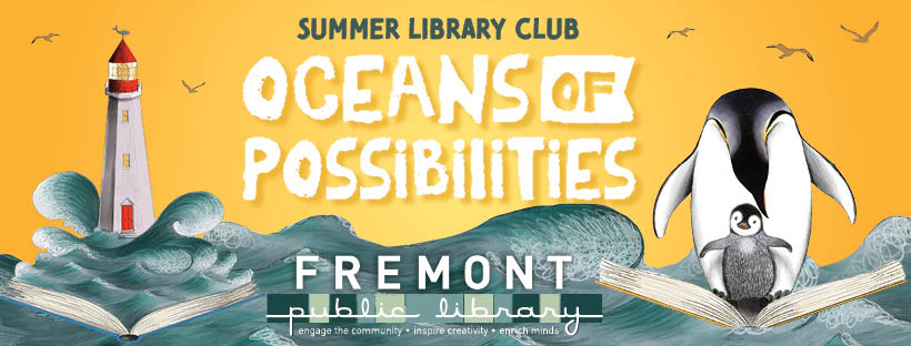 Image of the Summer Library Club theme "Oceans of Possibilities" includes an adult emperor penguin and a baby penguin sitting on an open book, and a lighthouse on waves above an open book. The sky is yellow.